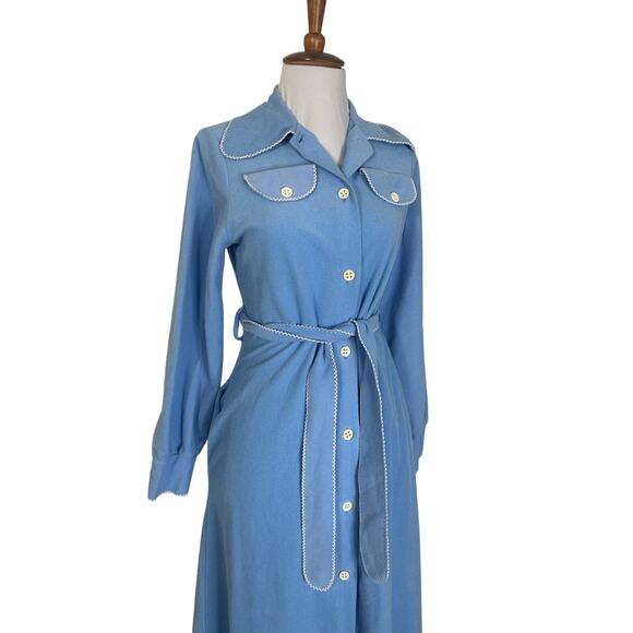 Vintage 1970s Vassarette Blue Velour Maxi Robe Dress XS/S  Lounge Housecoat - Picture 6 of 10